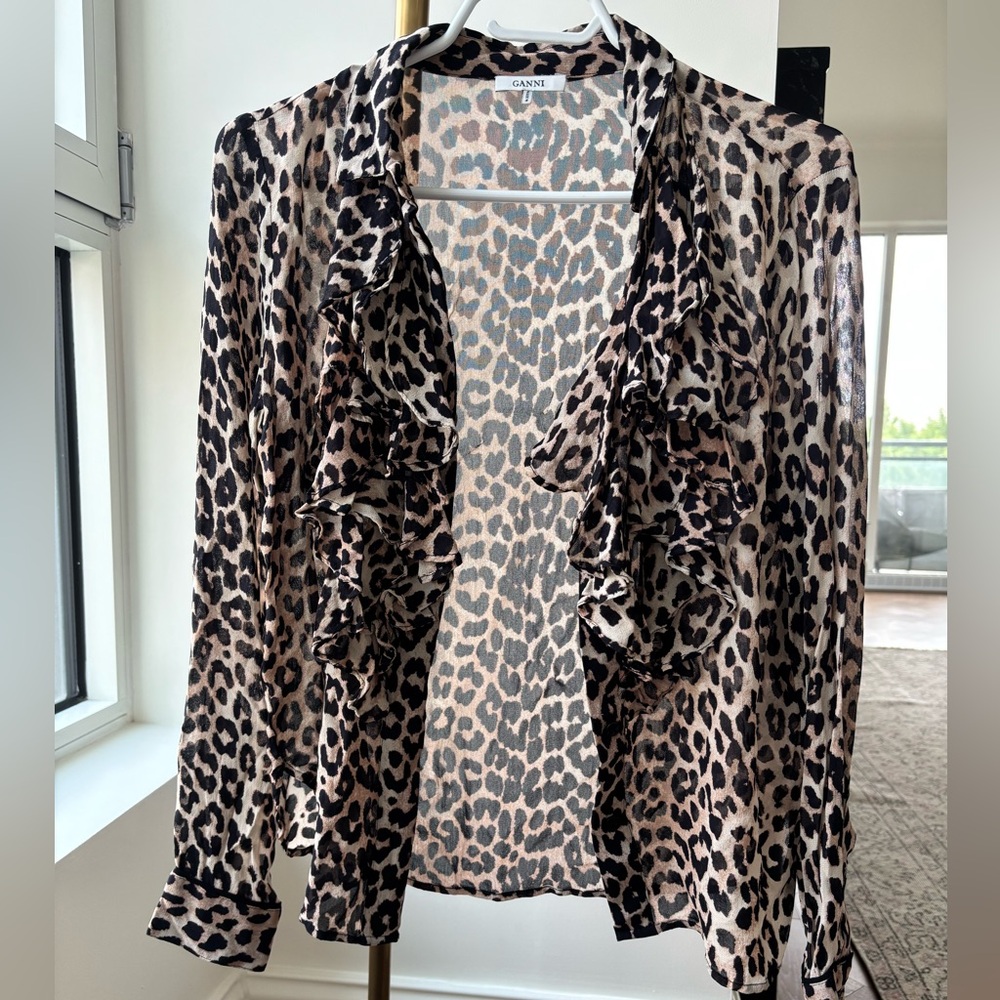 GANNI leopard 🐆 blouse button down shirt top long sleeves 34 XS - Picture 3 of 10